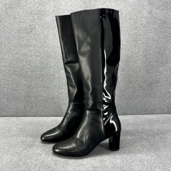 MICHAEL KORS Boots Size 8M Black Patent Leather Tall Zip block heels Knee High - Picture 1 of 16